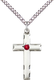 [0624YSS-STN7/24SS] Sterling Silver Cross Pendant with a 3mm Ruby Swarovski stone on a 24 inch Sterling Silver Heavy Curb chain