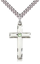 [0624YSS-STN8/24S] Sterling Silver Cross Pendant with a 3mm Peridot Swarovski stone on a 24 inch Light Rhodium Heavy Curb chain