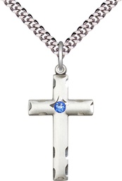 [0624YSS-STN9/24S] Sterling Silver Cross Pendant with a 3mm Sapphire Swarovski stone on a 24 inch Light Rhodium Heavy Curb chain