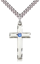[0624YSS-STN9/24S] Sterling Silver Cross Pendant with a 3mm Sapphire Swarovski stone on a 24 inch Light Rhodium Heavy Curb chain