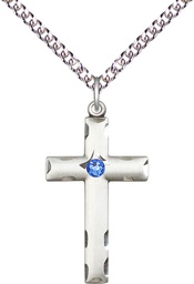 [0624YSS-STN9/24SS] Sterling Silver Cross Pendant with a 3mm Sapphire Swarovski stone on a 24 inch Sterling Silver Heavy Curb chain