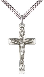 [0652SS/24S] Sterling Silver Crucifix Pendant on a 24 inch Light Rhodium Heavy Curb chain