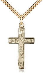 [0652YGF/24G] 14kt Gold Filled Cross Pendant on a 24 inch Gold Plate Heavy Curb chain