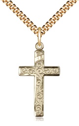 [0653YGF/24G] 14kt Gold Filled Cross Pendant on a 24 inch Gold Plate Heavy Curb chain