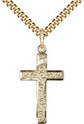 [0653YGF/24G] 14kt Gold Filled Cross Pendant on a 24 inch Gold Plate Heavy Curb chain