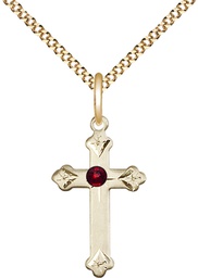 [0667GF-STN1/18G] 14kt Gold Filled Cross Pendant with a 3mm Garnet Swarovski stone on a 18 inch Gold Plate Light Curb chain