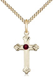 [0667GF-STN1/18G] 14kt Gold Filled Cross Pendant with a 3mm Garnet Swarovski stone on a 18 inch Gold Plate Light Curb chain