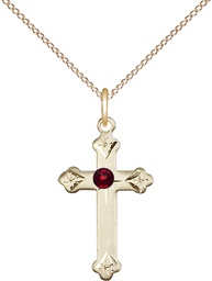 [0667GF-STN1/18GF] 14kt Gold Filled Cross Pendant with a 3mm Garnet Swarovski stone on a 18 inch Gold Filled Light Curb chain