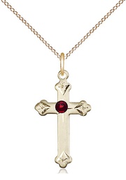 [0667GF-STN1/18GF] 14kt Gold Filled Cross Pendant with a 3mm Garnet Swarovski stone on a 18 inch Gold Filled Light Curb chain