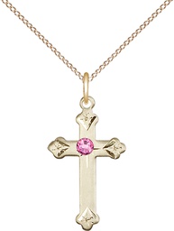 [0667GF-STN10/18GF] 14kt Gold Filled Cross Pendant with a 3mm Rose Swarovski stone on a 18 inch Gold Filled Light Curb chain