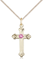 [0667GF-STN10/18GF] 14kt Gold Filled Cross Pendant with a 3mm Rose Swarovski stone on a 18 inch Gold Filled Light Curb chain