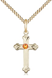 [0667GF-STN11/18G] 14kt Gold Filled Cross Pendant with a 3mm Topaz Swarovski stone on a 18 inch Gold Plate Light Curb chain