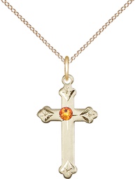 [0667GF-STN11/18GF] 14kt Gold Filled Cross Pendant with a 3mm Topaz Swarovski stone on a 18 inch Gold Filled Light Curb chain