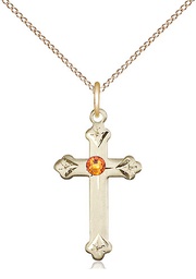 [0667GF-STN11/18GF] 14kt Gold Filled Cross Pendant with a 3mm Topaz Swarovski stone on a 18 inch Gold Filled Light Curb chain