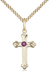 [0667GF-STN2/18G] 14kt Gold Filled Cross Pendant with a 3mm Amethyst Swarovski stone on a 18 inch Gold Plate Light Curb chain