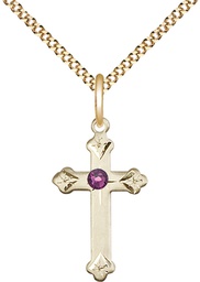 [0667GF-STN2/18G] 14kt Gold Filled Cross Pendant with a 3mm Amethyst Swarovski stone on a 18 inch Gold Plate Light Curb chain