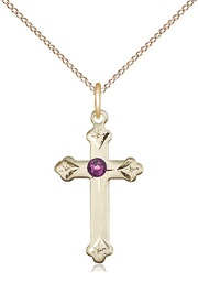 [0667GF-STN2/18GF] 14kt Gold Filled Cross Pendant with a 3mm Amethyst Swarovski stone on a 18 inch Gold Filled Light Curb chain