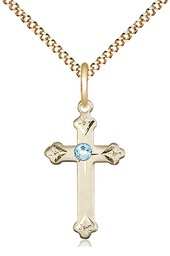 [0667GF-STN3/18G] 14kt Gold Filled Cross Pendant with a 3mm Aqua Swarovski stone on a 18 inch Gold Plate Light Curb chain