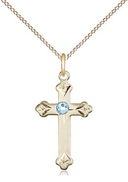 [0667GF-STN3/18GF] 14kt Gold Filled Cross Pendant with a 3mm Aqua Swarovski stone on a 18 inch Gold Filled Light Curb chain