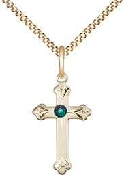 [0667GF-STN5/18G] 14kt Gold Filled Cross Pendant with a 3mm Emerald Swarovski stone on a 18 inch Gold Plate Light Curb chain