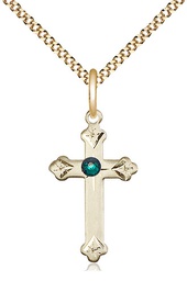 [0667GF-STN5/18G] 14kt Gold Filled Cross Pendant with a 3mm Emerald Swarovski stone on a 18 inch Gold Plate Light Curb chain