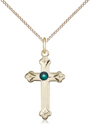 [0667GF-STN5/18GF] 14kt Gold Filled Cross Pendant with a 3mm Emerald Swarovski stone on a 18 inch Gold Filled Light Curb chain