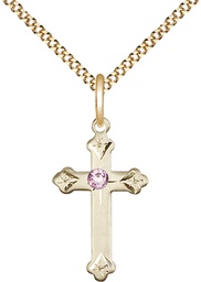 [0667GF-STN6/18G] 14kt Gold Filled Cross Pendant with a 3mm Light Amethyst Swarovski stone on a 18 inch Gold Plate Light Curb chain