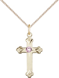 [0667GF-STN6/18GF] 14kt Gold Filled Cross Pendant with a 3mm Light Amethyst Swarovski stone on a 18 inch Gold Filled Light Curb chain