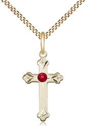 [0667GF-STN7/18G] 14kt Gold Filled Cross Pendant with a 3mm Ruby Swarovski stone on a 18 inch Gold Plate Light Curb chain