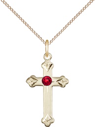 [0667GF-STN7/18GF] 14kt Gold Filled Cross Pendant with a 3mm Ruby Swarovski stone on a 18 inch Gold Filled Light Curb chain