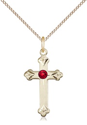 [0667GF-STN7/18GF] 14kt Gold Filled Cross Pendant with a 3mm Ruby Swarovski stone on a 18 inch Gold Filled Light Curb chain