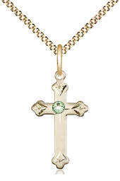 [0667GF-STN8/18G] 14kt Gold Filled Cross Pendant with a 3mm Peridot Swarovski stone on a 18 inch Gold Plate Light Curb chain