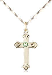 [0667GF-STN8/18GF] 14kt Gold Filled Cross Pendant with a 3mm Peridot Swarovski stone on a 18 inch Gold Filled Light Curb chain