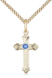 [0667GF-STN9/18G] 14kt Gold Filled Cross Pendant with a 3mm Sapphire Swarovski stone on a 18 inch Gold Plate Light Curb chain