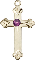 [0667KT-STN2] 14kt Gold Cross Medal with a 3mm Amethyst Swarovski stone