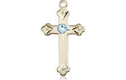 [0667KT-STN3] 14kt Gold Cross Medal with a 3mm Aqua Swarovski stone