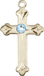 [0667KT-STN3] 14kt Gold Cross Medal with a 3mm Aqua Swarovski stone