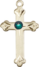 [0667KT-STN5] 14kt Gold Cross Medal with a 3mm Emerald Swarovski stone