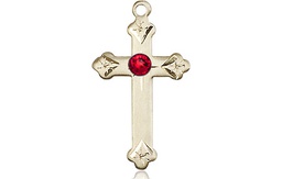 [0667KT-STN7] 14kt Gold Cross Medal with a 3mm Ruby Swarovski stone