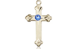 [0667KT-STN9] 14kt Gold Cross Medal with a 3mm Sapphire Swarovski stone