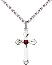 [0667SS-STN1/18S] Sterling Silver Cross Pendant with a 3mm Garnet Swarovski stone on a 18 inch Light Rhodium Light Curb chain