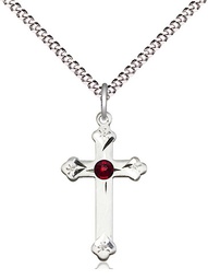 [0667SS-STN1/18S] Sterling Silver Cross Pendant with a 3mm Garnet Swarovski stone on a 18 inch Light Rhodium Light Curb chain