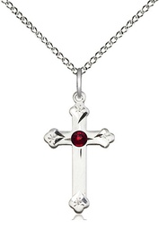 [0667SS-STN1/18SS] Sterling Silver Cross Pendant with a 3mm Garnet Swarovski stone on a 18 inch Sterling Silver Light Curb chain