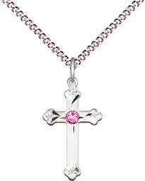 [0667SS-STN10/18S] Sterling Silver Cross Pendant with a 3mm Rose Swarovski stone on a 18 inch Light Rhodium Light Curb chain