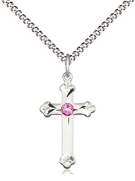 [0667SS-STN10/18S] Sterling Silver Cross Pendant with a 3mm Rose Swarovski stone on a 18 inch Light Rhodium Light Curb chain