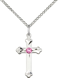 [0667SS-STN10/18SS] Sterling Silver Cross Pendant with a 3mm Rose Swarovski stone on a 18 inch Sterling Silver Light Curb chain