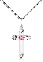 [0667SS-STN10/18SS] Sterling Silver Cross Pendant with a 3mm Rose Swarovski stone on a 18 inch Sterling Silver Light Curb chain