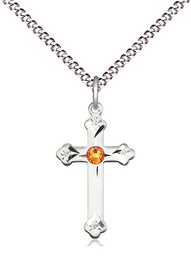 [0667SS-STN11/18S] Sterling Silver Cross Pendant with a 3mm Topaz Swarovski stone on a 18 inch Light Rhodium Light Curb chain