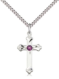 [0667SS-STN2/18S] Sterling Silver Cross Pendant with a 3mm Amethyst Swarovski stone on a 18 inch Light Rhodium Light Curb chain