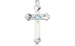 [0667SS-STN3] Sterling Silver Cross Medal with a 3mm Aqua Swarovski stone